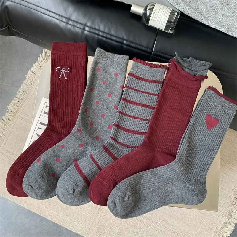 Фото 1/5pairs Cotton Ruffles Ankle Socks Women Retro Cute Kawaii Korean Stocking Girls  2024 Autumn and Winter Red Middle Tube Sox №4