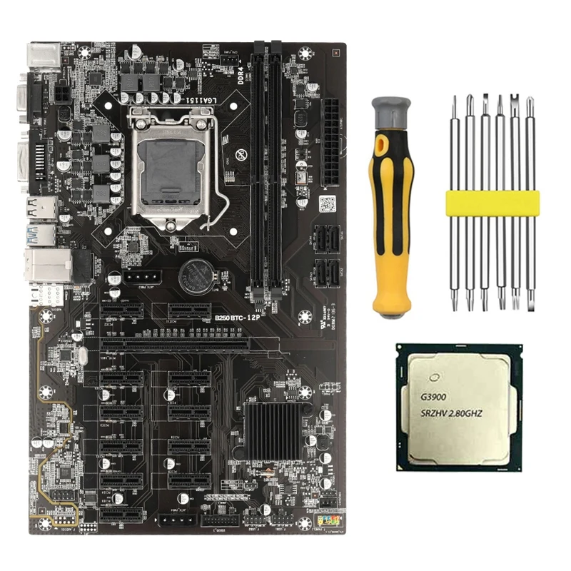 B250 BTC Mining Motherboard With G3900 CPU+Screwdriver 12 PCIE To USB3.0 Graphics Card Slot LGA1151 DDR4 DIMM SATA3.0