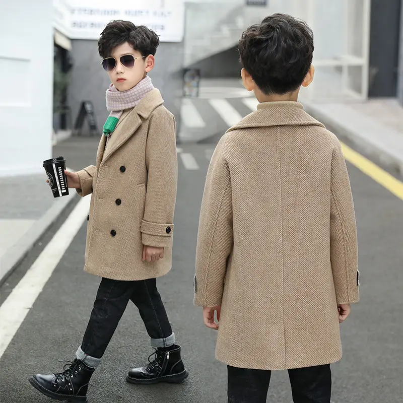 

Teens Outwear Boy Long Winter Baby Wool Coat Girl Clothes Double Lapel Spring Jacket Breasted Tweed Baby Warm Toddle Fall