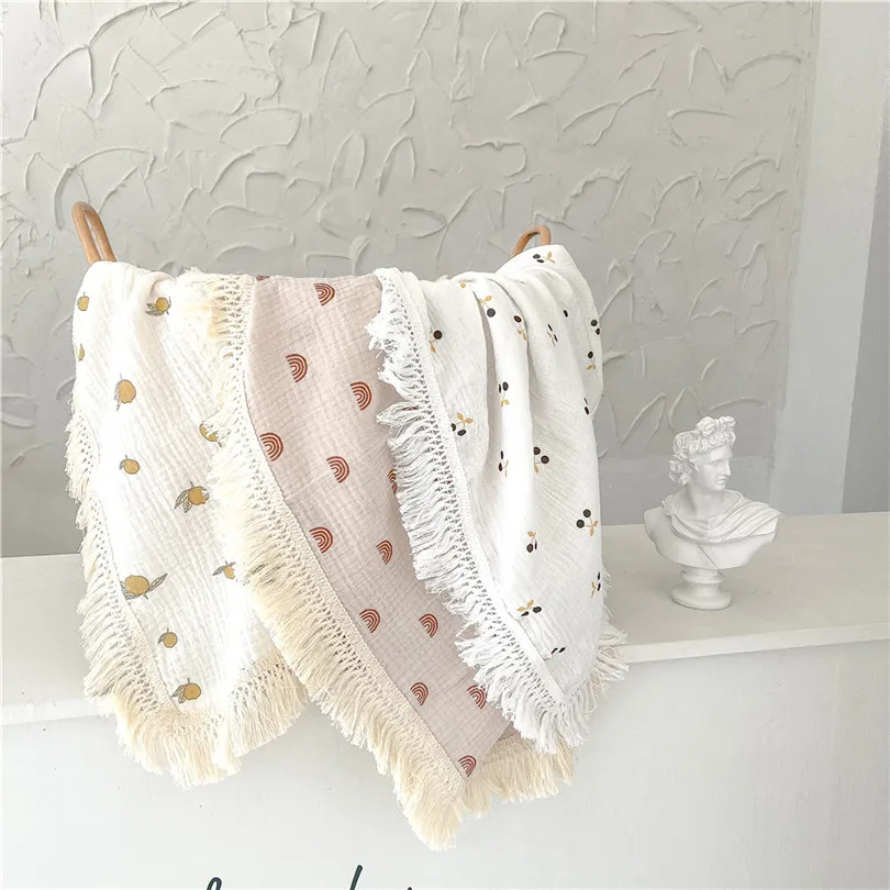 

Muslin Baby Blanket Newborn Organic Cotton Swaddle Wrap Tassel Crib Stroller Baby Receiving Blanket Infant Bath Towel Photo Prop