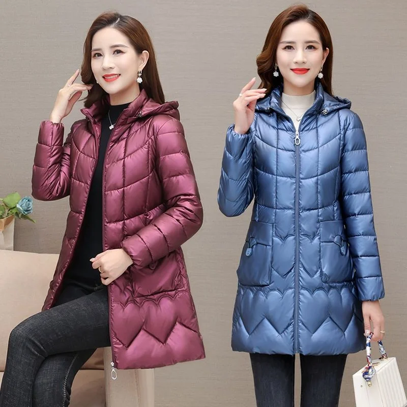 2022 new autumn and winter bright face medium long light and thin wash free cotton padded clothes with removable hat and jacket,