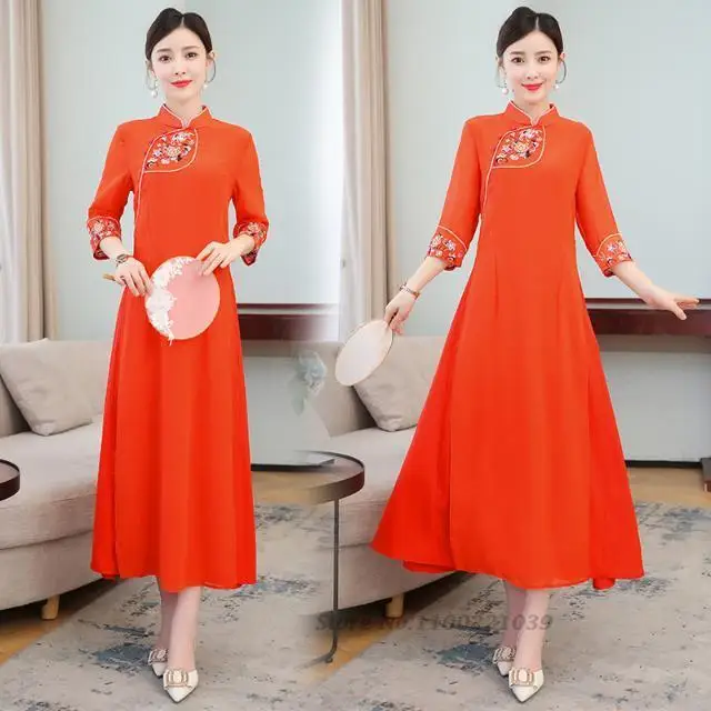

2023 traditional vietnam aodai qipao dress women national flower embroidery chiffon dress ao dai chinese cheongsam dress qipao