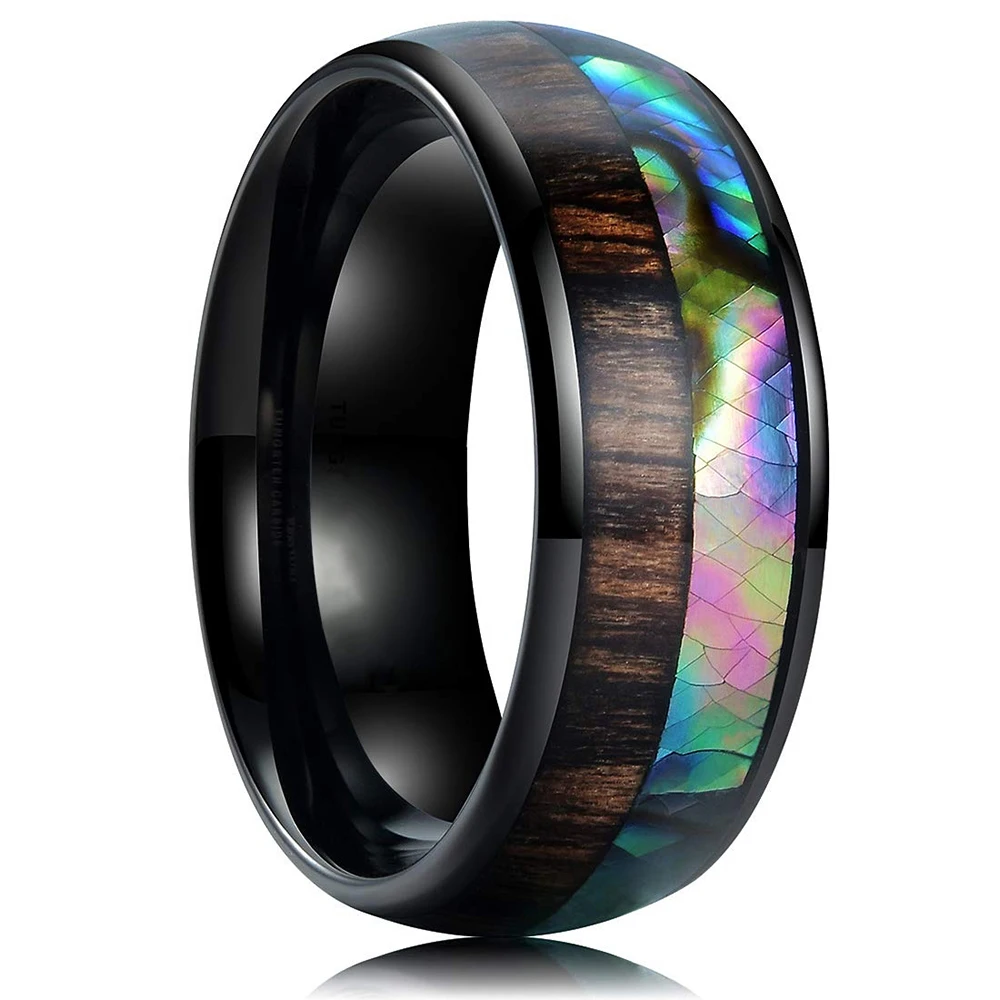 

Fashion 8mm Men Black Stainless Steel Ring Hawaiian Koa Abalone Shell Inlay Engagement Rings For Men Women Wedding Band Jewelry