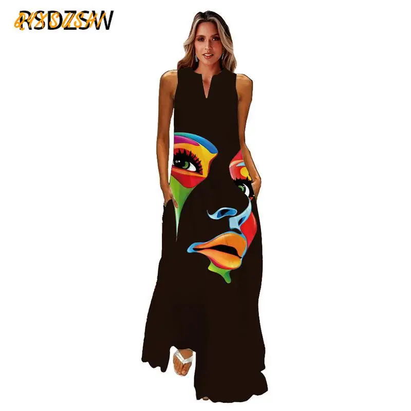 

3d Printed Black Dress 2022 Elegant Casual Vintage Dresses Woman Summer Beach Sleeveless Girls Long Dress Women