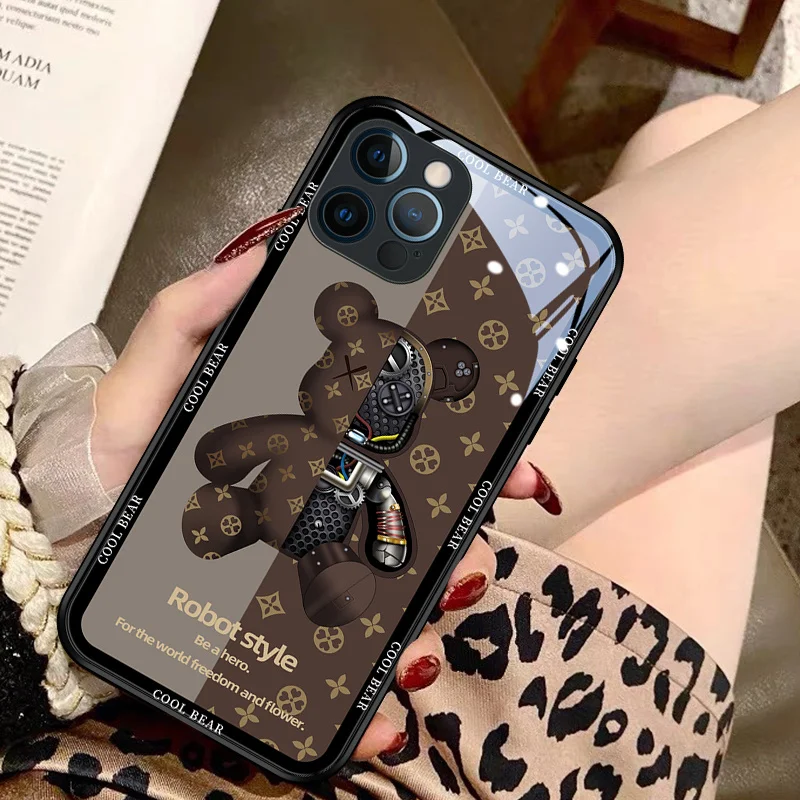 

New Cartoon bear For iPhone 14 13 12 11 Pro Max XS X XR 7 8 Plus Phone Case Luxurious Glass Lens All Inclusive Protective Cover