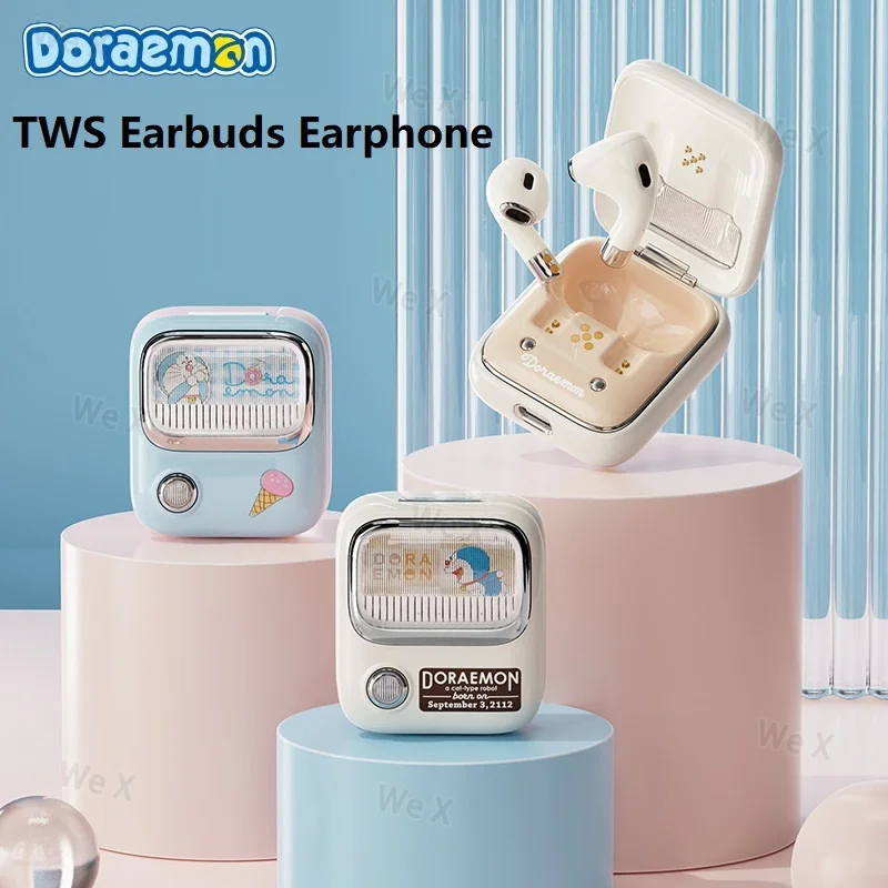 RNABAU Doraemon Wireless Bluetooth 5.0 Headset Binaural Stereo Motion Retro Noise Reduction TWS Long Range Subwoofer Headset