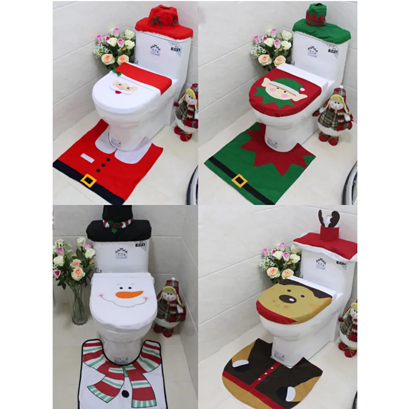

WC Toilet Seat Cover Christmas Bath Mat Toilet Mat Toilette Tapa Decoration Christmas Bathroom Decorations Three-piece Set