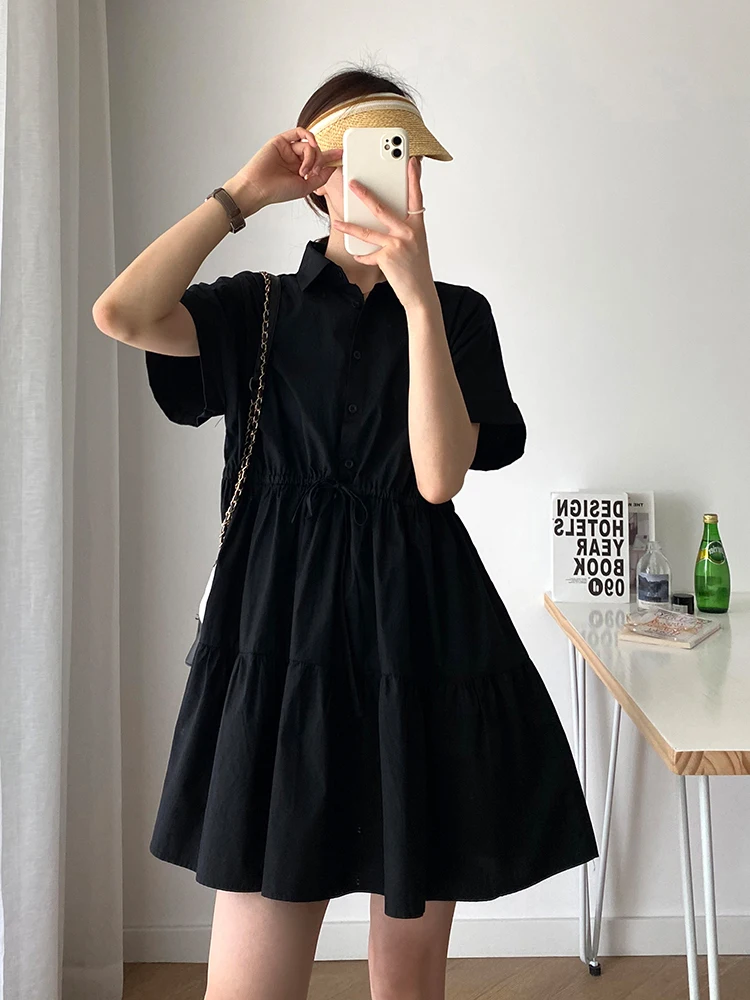 

Summer Short Sleeve Black Shirt Dress Women Drawstring Bandage Waist Slim A-line Mini White Dresses 2022