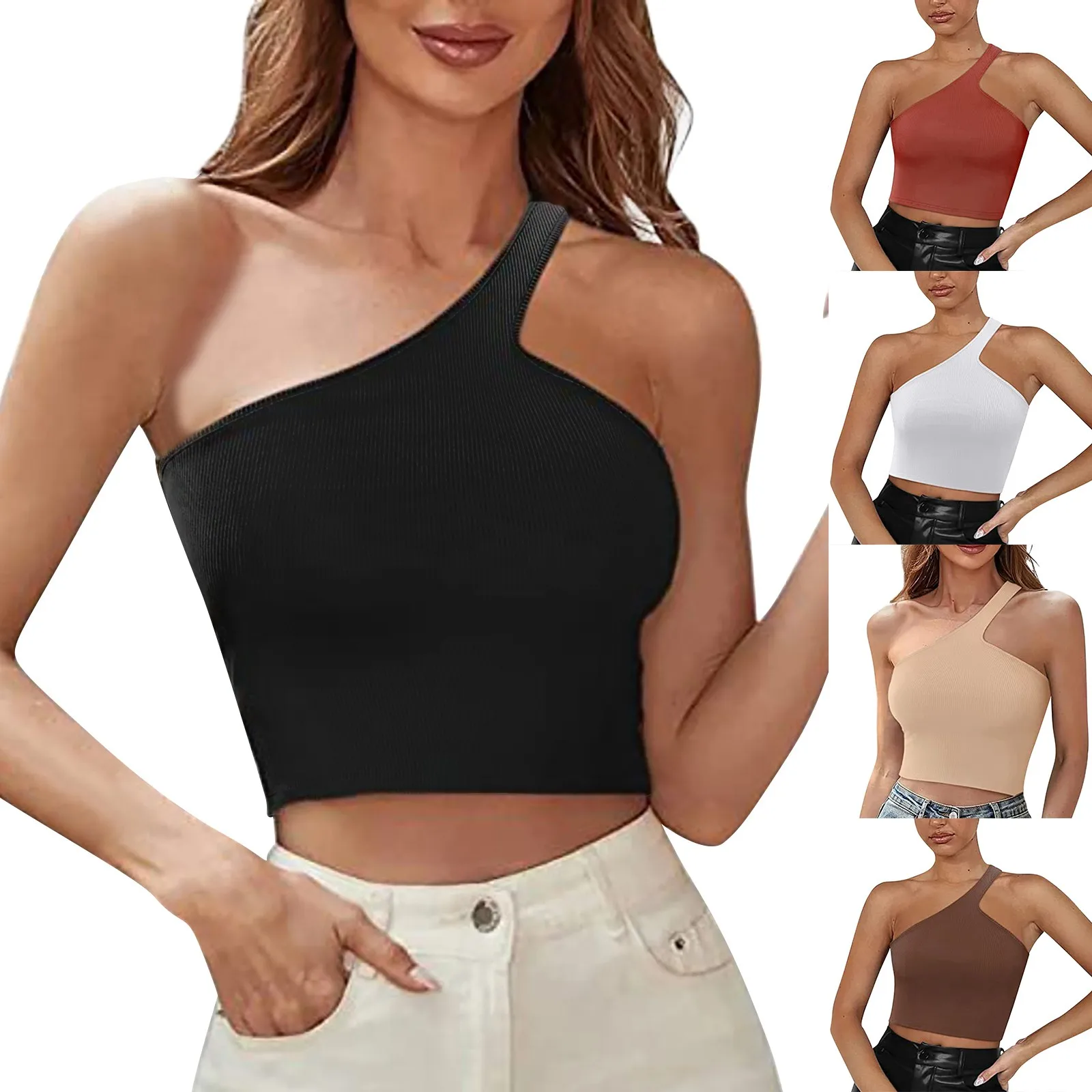

Women Lady Female One Shoulder Crop Tops Sleeveless T-Shirt Tank Tops Summer Beach Vest Bare Midriff Summer Fashion Clothes