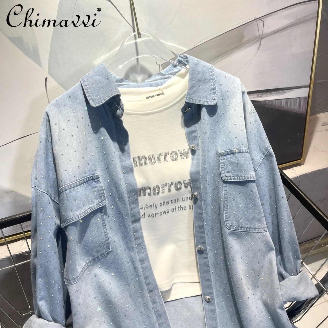 Женская джинсовая рубашка со стразами Повседневная мешковатая блузка большого