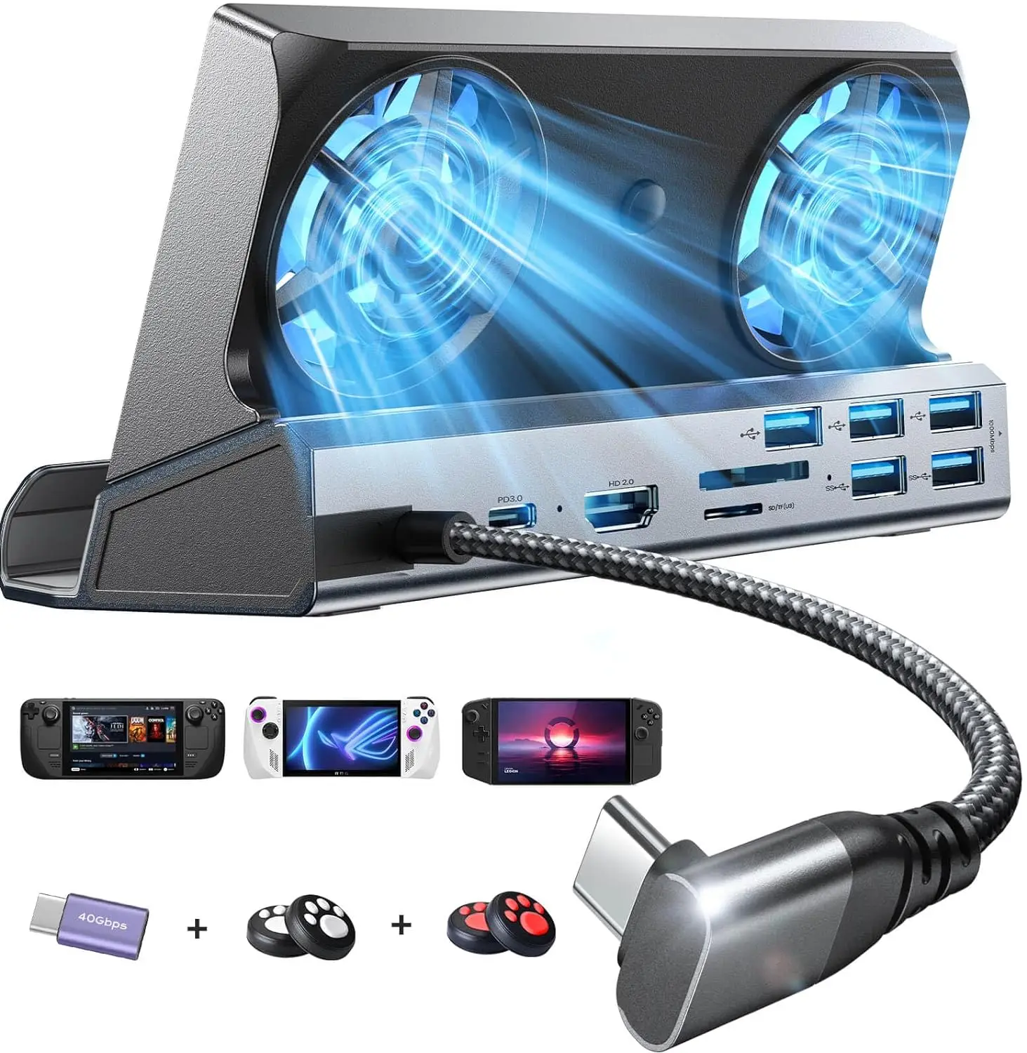 Фото Док-станция 13-в-1 для Steam Deck OLED&ROG Ally X&Legion Go, двойной вентилятор охлаждения, 5 USB-портов и 4K при 60 Гц, порт для зарядки 100 Вт №1
