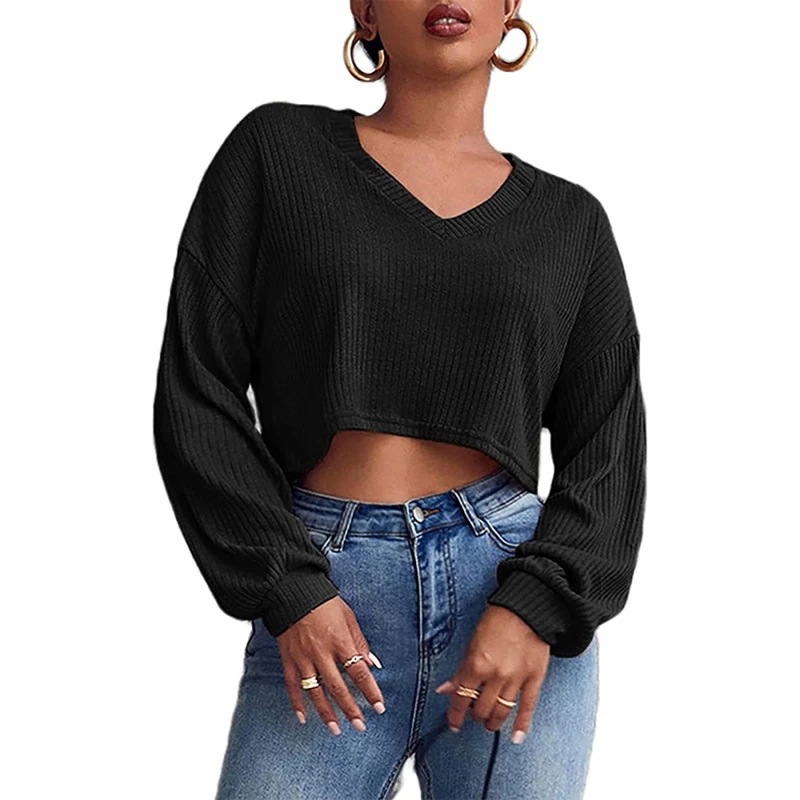 

Winter Autumn Women Casual Loose V-neck Knitted Long Sleeve T-shirt Autumn Sexy Club Solid Off Shoulder Thin Crop Tops Shirt