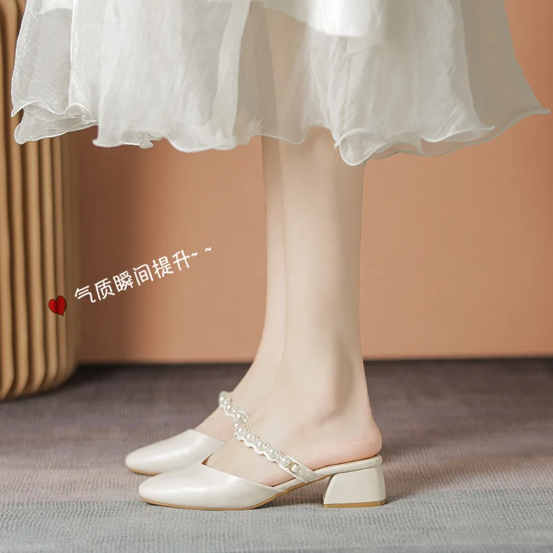 

Low Slippers Casual String Bead Shoes Woman 2022 PU Pantofle Square heel Cover Toe Luxury New Block Summer Rome Rubber Hoof Heel