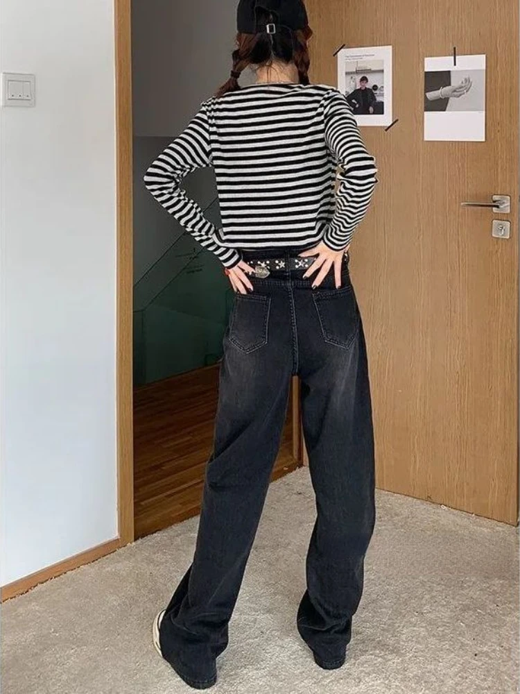HOUZHOU Black Straight Jeans Women Baggy Star Girl Y2k Harajuku Korean Streetwear Vintage High Waist Denim Pants Acubi Fashion