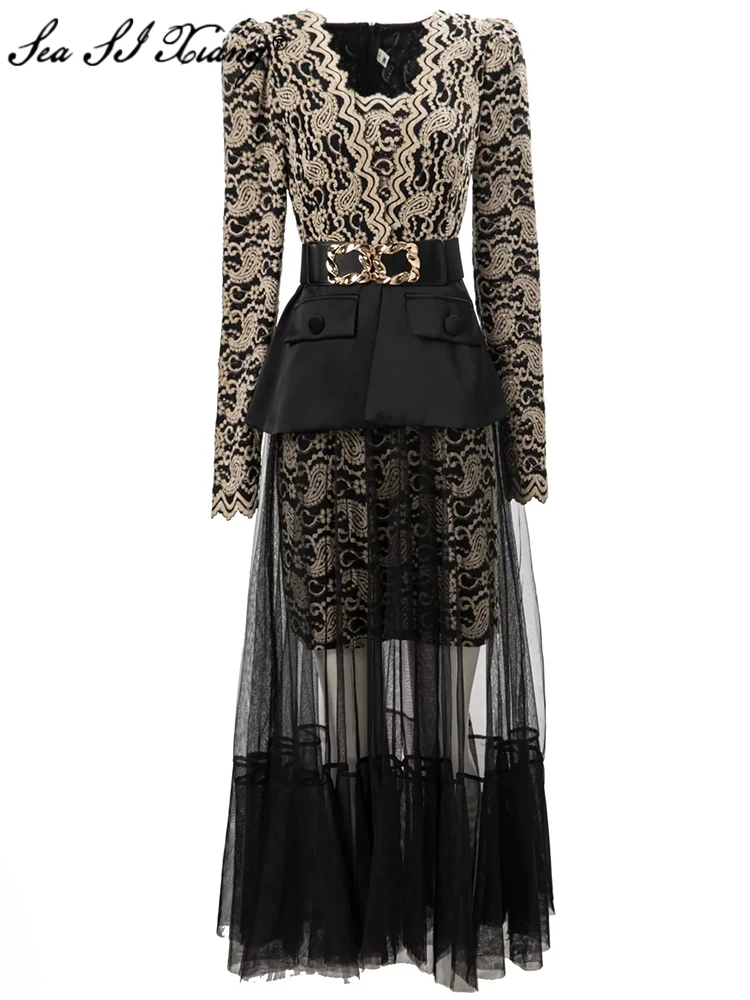 

Модное дизайнерское платье Seasixiang на раннюю осень, женские винтажные платья с V-образным вырезом, длинным рукавом и поясом в стиле пэчворк