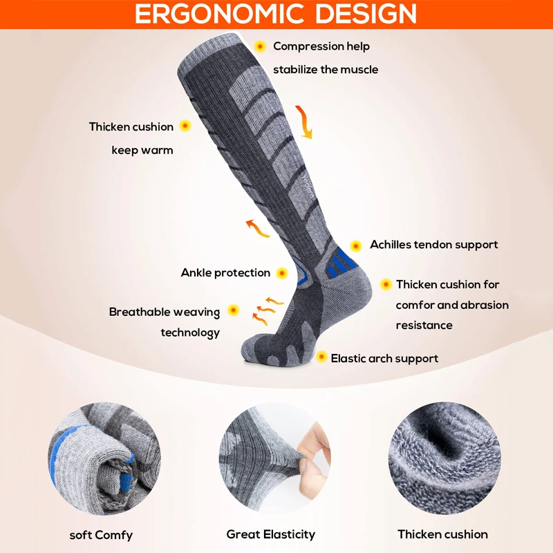 Merino Wool Thermal Ski Socks for Men Women Winter Long Warm Skiing Snowboarding Outdoor Sports Performance Stocking Hiking