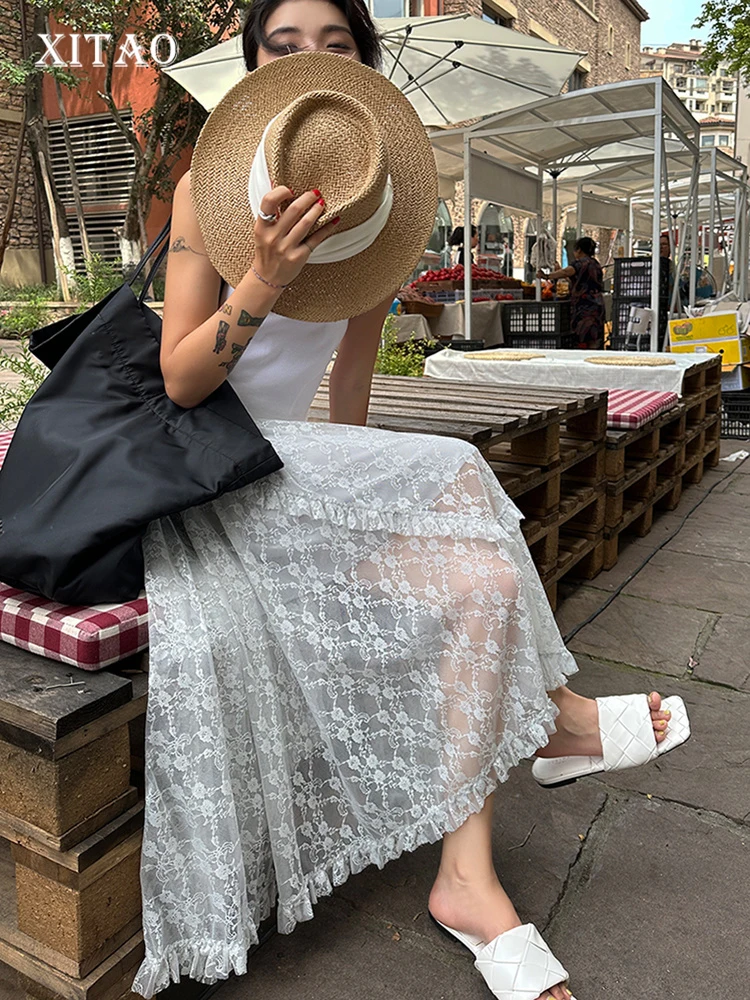 

XITAO Casual Lace Skirt Loose Fashion Solid Color Simplicity Perspective Women Summer New Vintage All-match Skirt 2023 HQQ0944