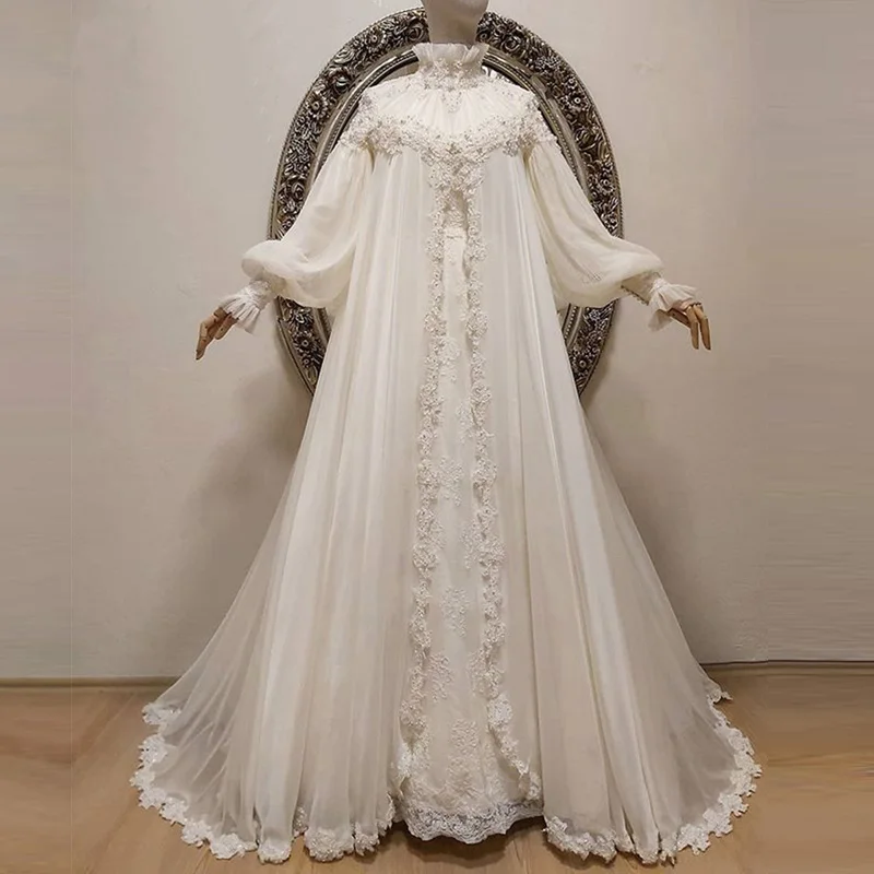 

Modest Muslim Dubai Women Wedding Dresses for Bride 2022 High Neck Beaded Embroidery White Chiffon Sweep Bridal Wedding Gowns