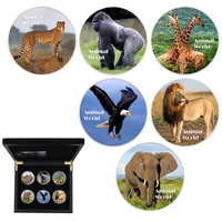 6pcsbox lion orangutan elephant commemorative coin wooden box set gold plated silver metal coin craft collectible gift