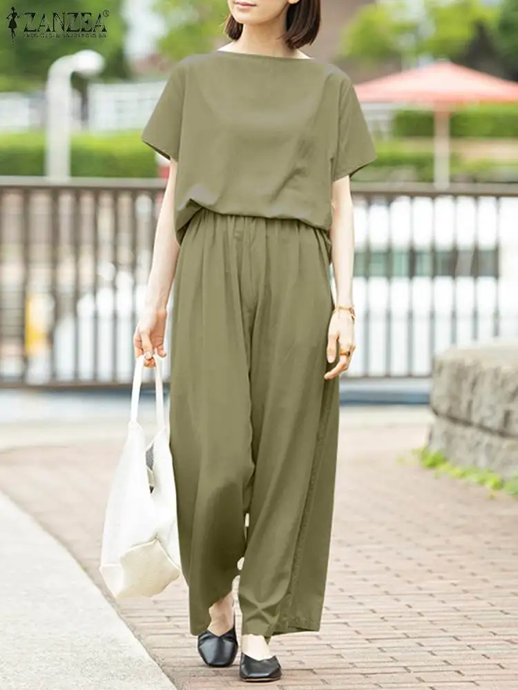 

Fashion OL Short Sleeve Tracksuit ZANZEA Retro Tops And Wide Leg Pants 2022 Summer Solid Blouse Suits Women Casual Matching Sets