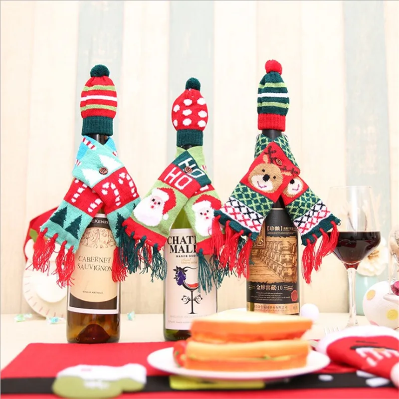 

Christmas Wine Bottle Cover Decoration Mini Knitting Scarf Hat Sets for Wine Bottle Merry Christmas Ornament New Year Xmas Gifts