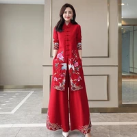chinese styles vintage women hanfu midi qipao two pieces china traditional clothing pants set tang suit robe orientale clothes