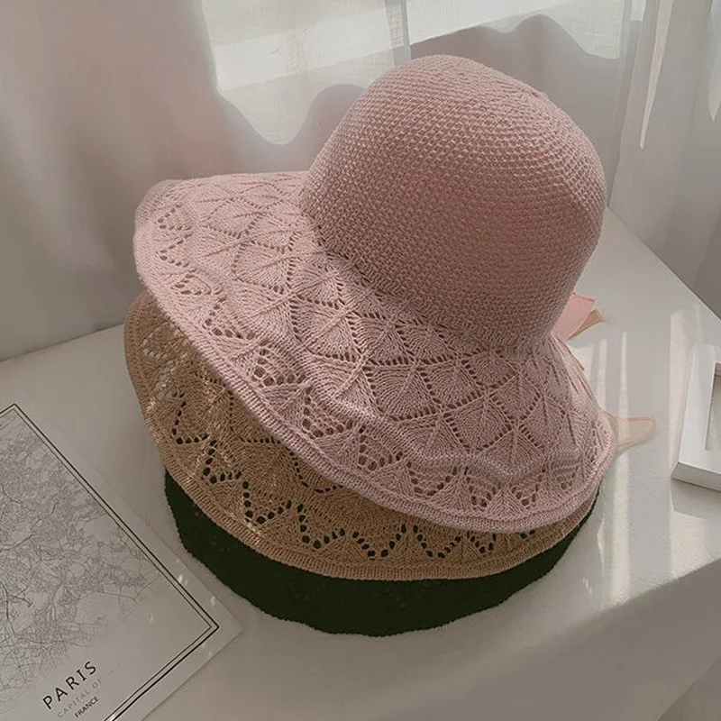 

Summer Foldable Lace Bow Straw Hat Sun Visor Women's Sea Beach Vacation Leisure Sunscreen Hats Travel Anti-UV Wide Brim Cap
