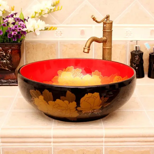 

Europe Style Counter Top porcelain wash basin peony pattern red with black color ceramic wash basin bathroom sink