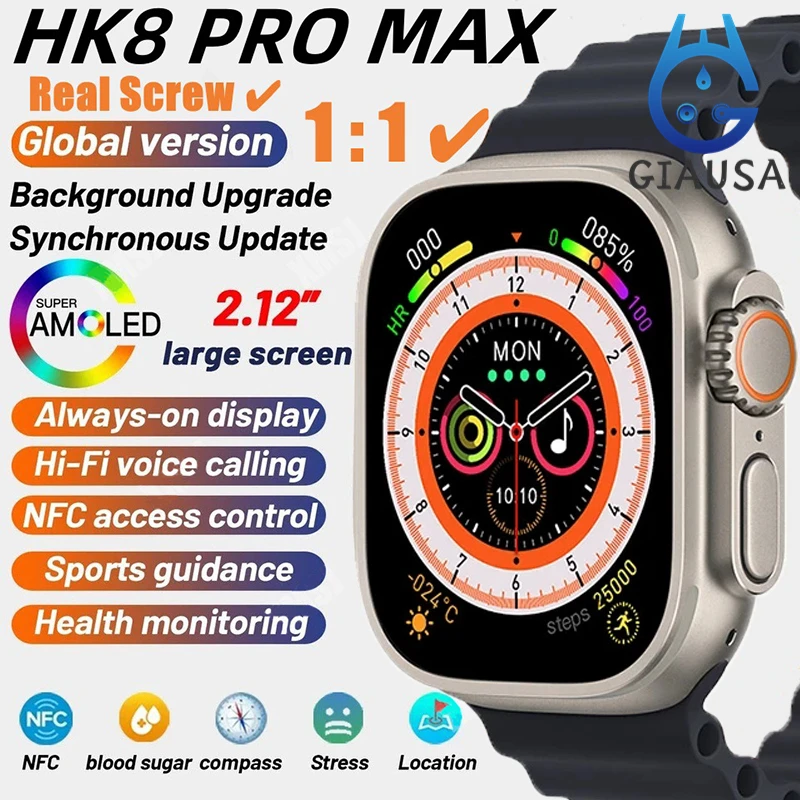 

Новинка 2023, умные часы HK8 Pro MAX серии 8, 49 мм, экран AMOLED 2,12 дюйма, высокая частота обновления, умные часы, мужские спортивные часы с компасом
