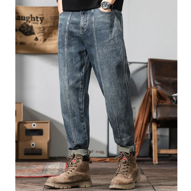Men Clothing New Pattern Recreational Vintage Broad Leg Blue Splicing Jeans Straight Cylinder Large  Loose Trousers Autumn Women