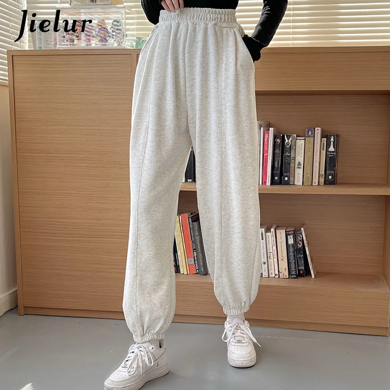 

Elastic Waist Solid Color Loose Jogger Sweatpants Gray Trousers Female Leisure Pocket Fall Winter Black Sport Pants Women