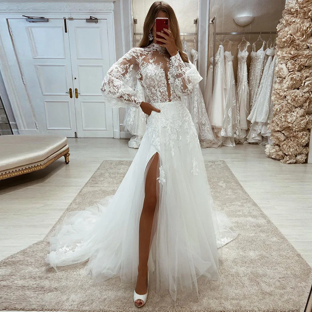 

Boho Wedding Dress For Women 2022 Puff SLeeves Side Split Sexy Wedding Gowns Applique Ivory Tulle Bride Dress vestidos de novia