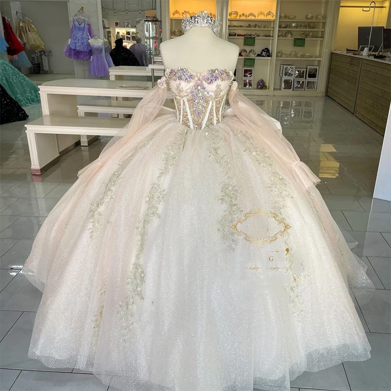 

Блестящее бальное платье цвета шампанского ANGELSBRIDEP, 15 лет, платья для Quinceanera, фатиновое платье принцессы с аппликацией для милой, для дня рождения