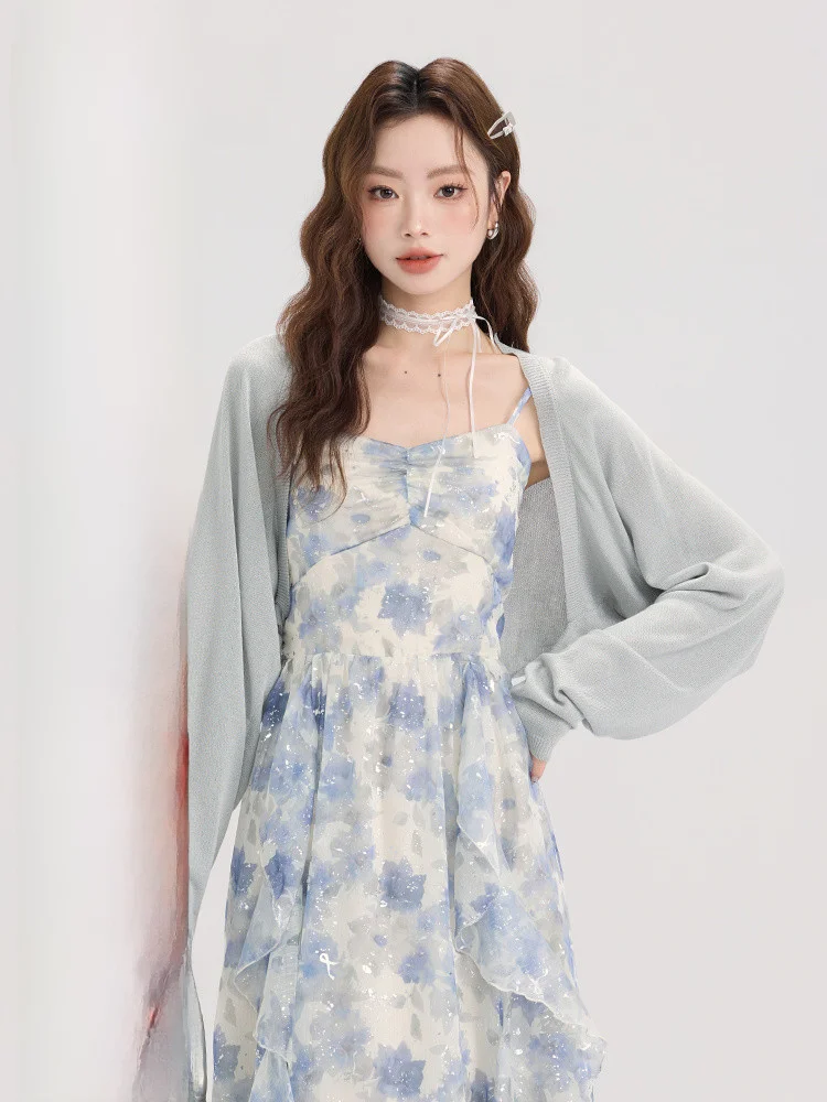 Короткий синий кардиган Meng Xiaoxiao для защиты от солнца женская летняя тонкая юбка