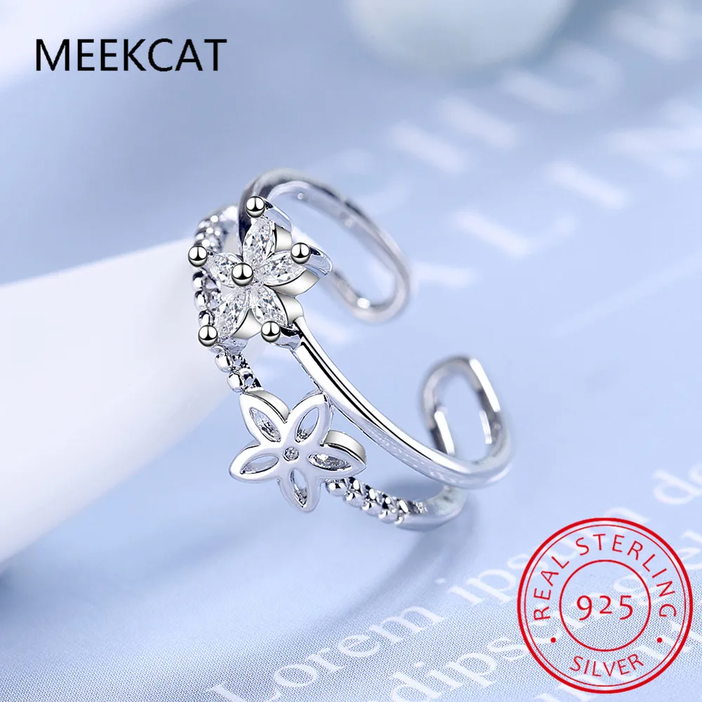 Настоящее серебро 925 блестящее циркониевое двухслойное кольцо с милым цветком