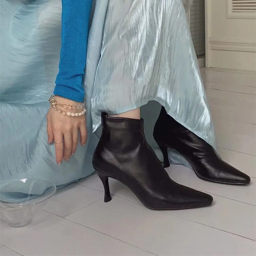 

Pointed Toe Women Ankle Boots Sock Booties Black Silver Beige Thin High Heels Short Botas Back Zipper Party Pumps Size 35-39