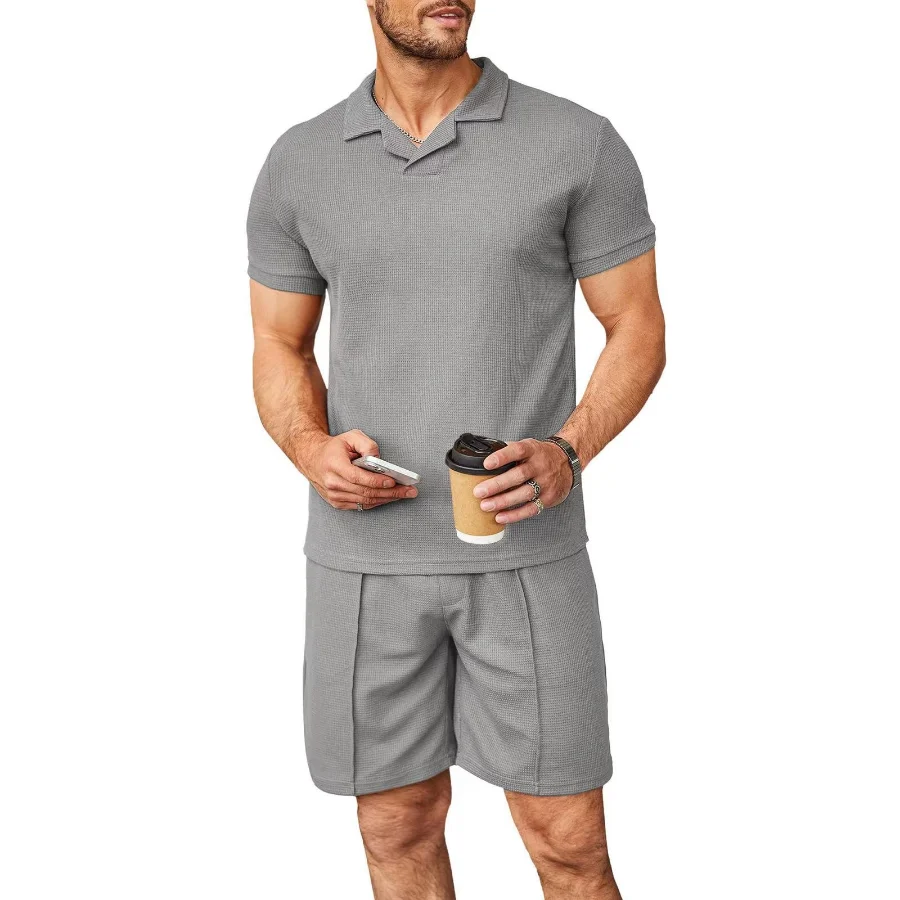 Leisure Solid Color Ribbed Two Piece Sets Men Fashion Short Sleeve Lapel Polo Shirts And Shorts Suits For Men's Summer Clothing