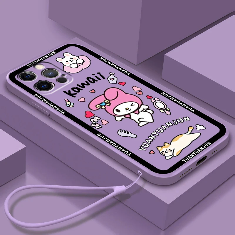 

Sanrio My Melody Kulomi Cute Liquid Rope Phone Case For Apple IPhone 14 13 12 Mini 11 Pro XS MAX XR X 8 7 Plus SE Soft Cover