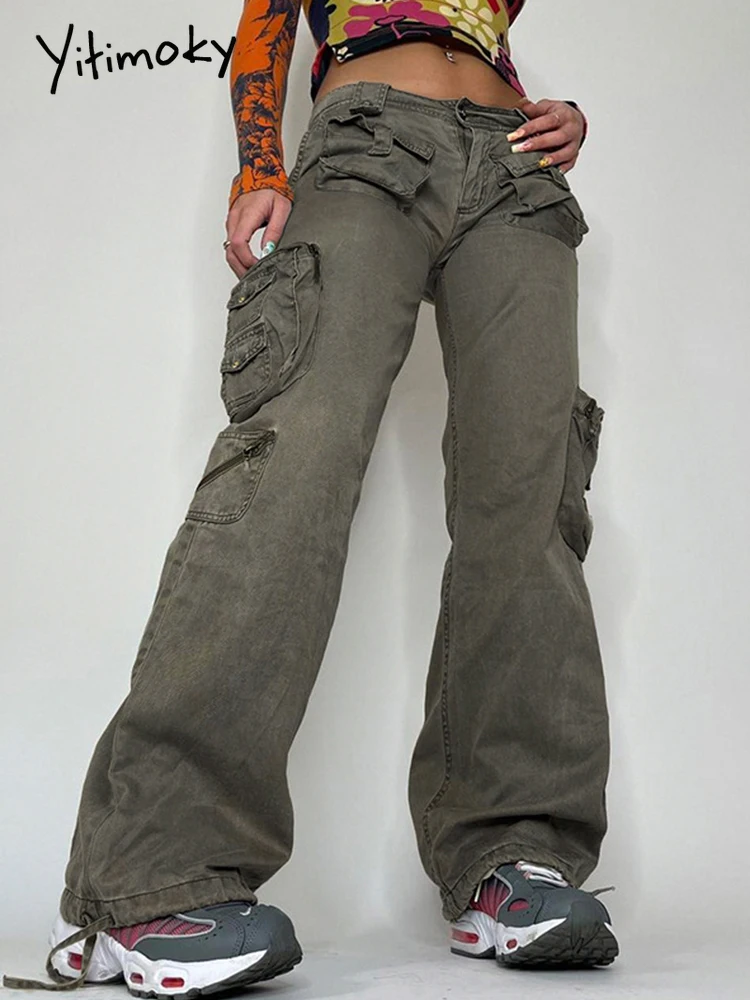 

Yitimoky Vintage Cargo Pants Low Waist Pockets Wide Leg Jeans Baggy Denim Trousers Pant Streetwear Woman Y2K Fashion Punk Grunge