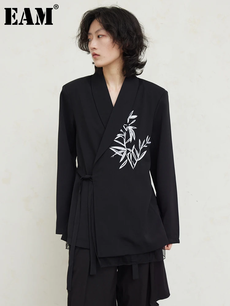 

[EAM] женский черный сетчатый блейзер с вышивкой, большой размер, новая свободная куртка с отворотом и длинным рукавом, модная демисезонная 2023 1DH0435