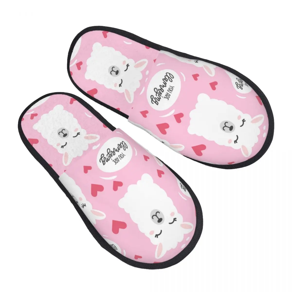 

Winter Women Men Non-Slip Flat Slippers You Are Llamazing Llama Pattern With Hearts Indoor Fur Soft Warm Shoes