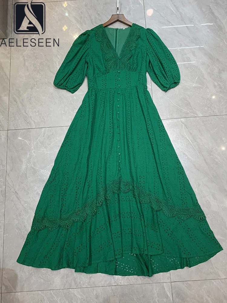 

AELESEEN Runway Fashion 2022 Summer Green White Yellow Puff Sleeve Hollow Out Ruffles V-Neck Elegant Holiday Party Vacation