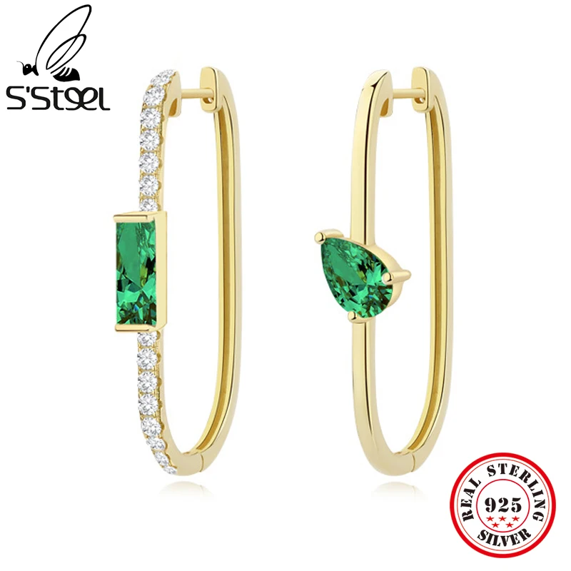 

S'STEEL Sterling Silver 925 Zircon Hoop Earrings For Women Retro Geometry Asymmetry Designer Earings Party Boho Fine Jewelry