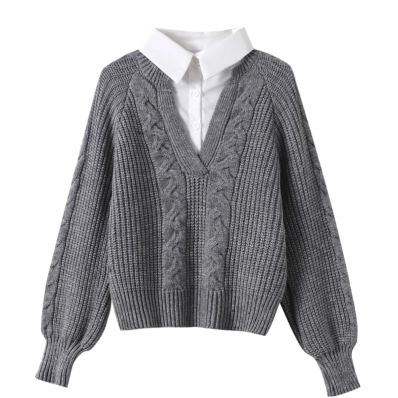 

YZJNH Autumn and Winter New Fake Two Piece Sweaters Women's Loose Splice Shirt Lapel Thickened Knit Top