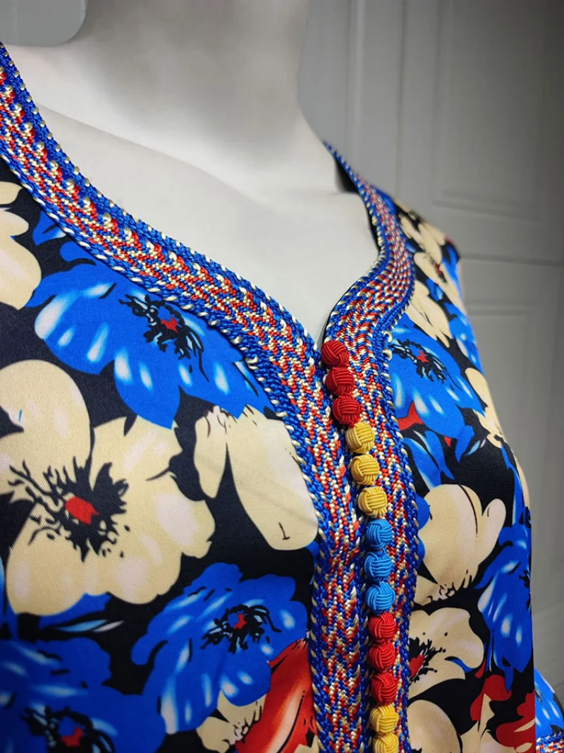 Floral Printed Jalabiya Arabic Long Dress Women Loose Moroccan Caftan Gulf Robe Muslim Modest Abayas Blue African Dresses
