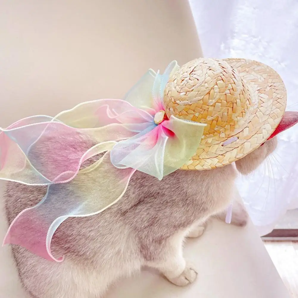 

Cute Cat Hat Faux Pearl Design Colorful Ribbon Decorative Easy-wearing Bow-knot Style Cat Straw Hat Pet Headgear Pet Supplies
