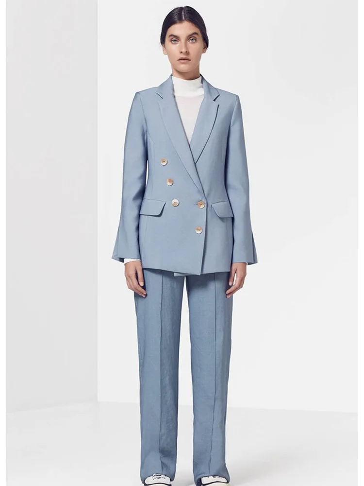 

Spring and Autumn Solid Color Loose Simple Temperament Jacket Double Breasted 2 Piece Suit Jacket Pants
