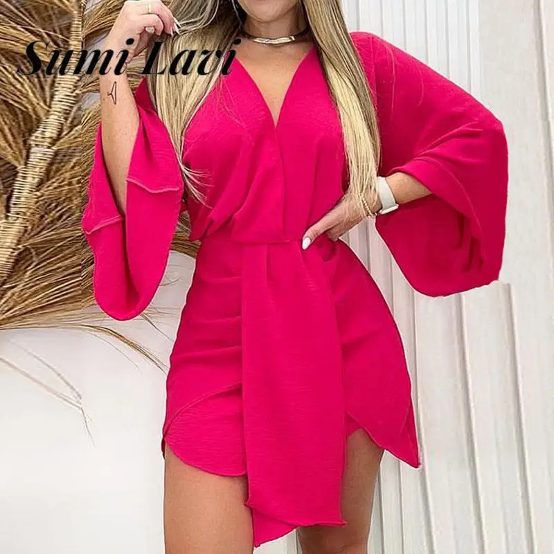 

Женское сексуальное платье с запахом на бедрах, элегантное однотонное облегающее платье-клеш с длинным рукавом, весеннее милое мини-платье с V-образным вырезом, модель 2023 года