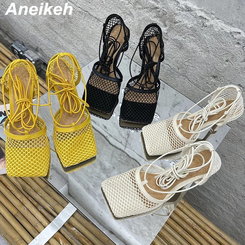 

Сандалии Aneikeh женские на шнуровке, модные босоножки гладиаторы на квадратном каблуке, сетчатые туфли с открытым тонким каблуком, с перекрестной шнуровкой, лето 2024
