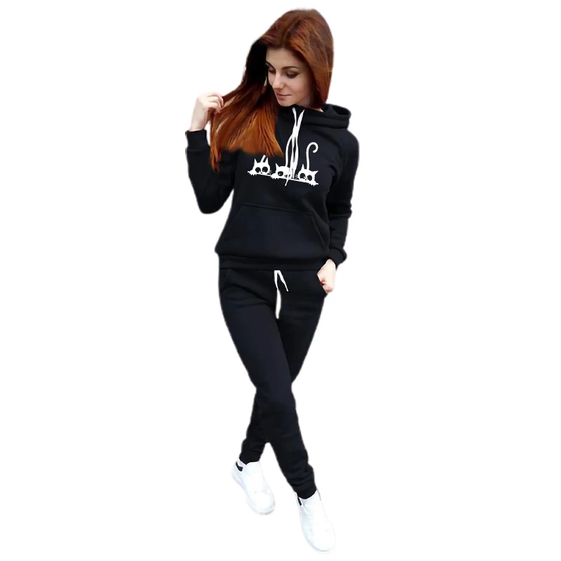 New Style Women's Tracksuit Hoodies&ampSweatpants Classic Ladies Daily Casual Sports Jogging Suit Cute Cat Printed Home Pajamas Set |